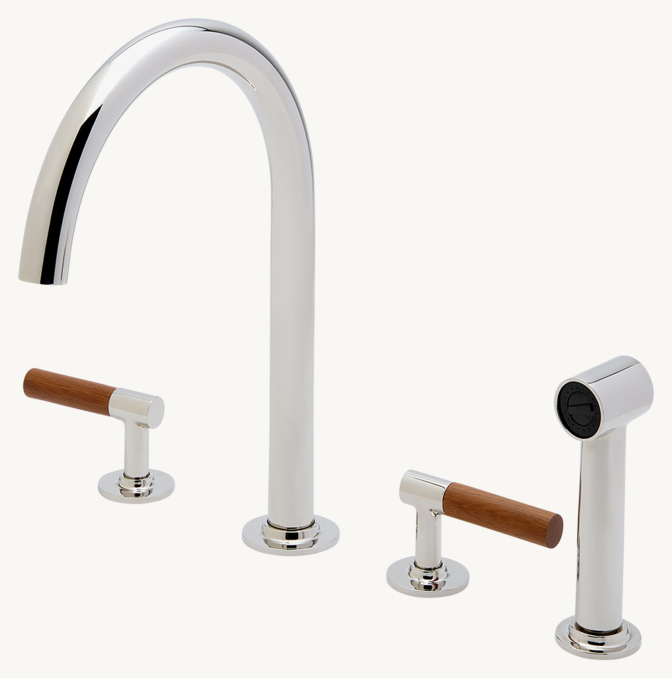 Waterworks Bond Tandem Series Gooseneck Kitchen Faucet And Spray With Teak Lever Handles