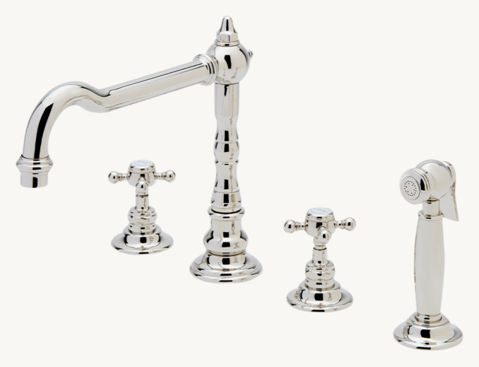 Waterworks Julia Three-Hole High-Profile Kitchen Faucet, Metal Cross Handles And Spray