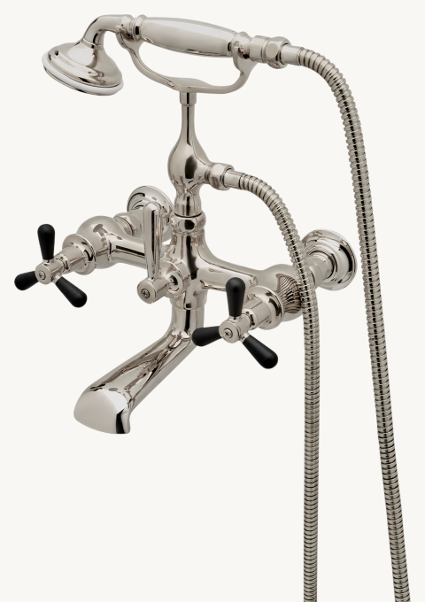 Waterworks Riverun Wall-Mounted  Exposed Tub Filler With  Handshower And Two-Tone Tri-Spoke Handles