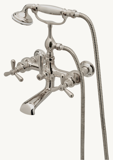 Waterworks Riverun Wall-Mounted  Exposed Tub Filler With  Handshower And Tri-Spoke Handles