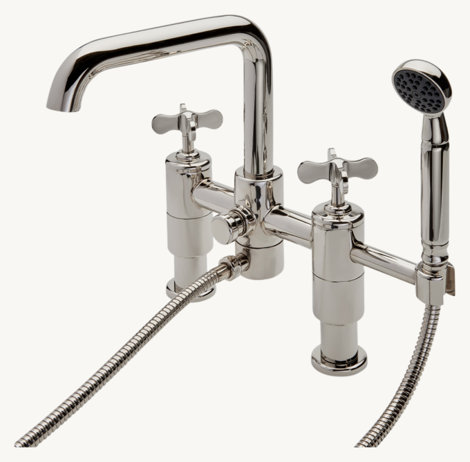 Waterworks Ludlow Deck-Mounted Exposed Tub Filler With Handshower And Cross Handles