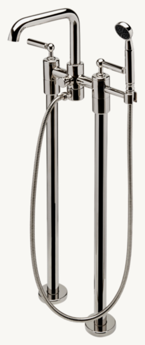 Waterworks Ludlow Floor-Mounted Exposed Tub Filler With Handshower and lever handles