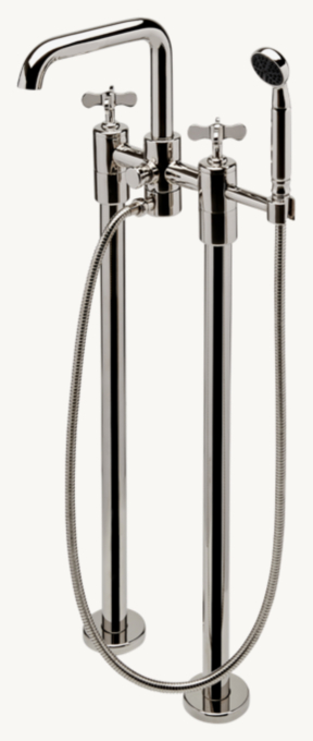 Waterworks Ludlow Floor-Mounted Exposed Tub Filler With Handshower And Cross Handles
