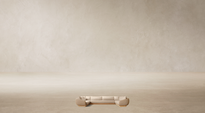Shown in Natural Teak/Natural Rope. Cushions shown in Sand Performance Textured Weave; sectional consists of 1 four-seat left-arm return sofa, 1 three-seat armless sofa and 1 four-seat right-arm return sofa.