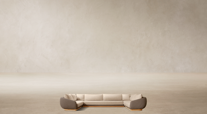 Shown in Natural Teak/Brown Rope. Cushions shown in Sand Performance Textured Weave; sectional consists of 1 four-seat left-arm return sofa, 1 three-seat armless sofa and 1 four-seat right-arm return sofa.