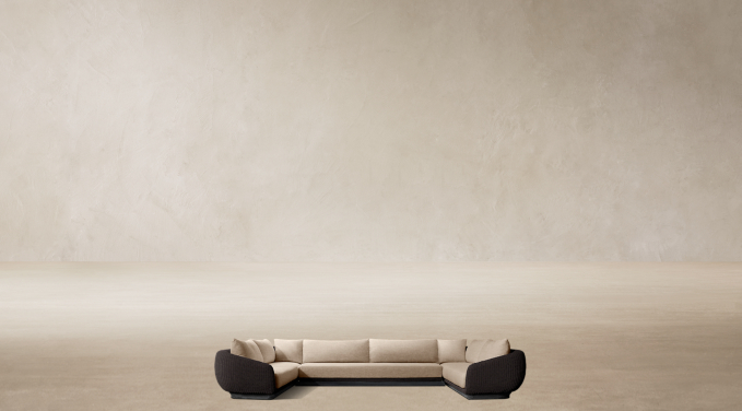 Shown in Blackened Teak/Black Rope. Cushions shown in Latte Perennials® Performance Textured Linen Weave; sectional consists of 1 four-seat left-arm return sofa, 1 three-seat armless sofa and 1 four-seat right-arm return sofa.