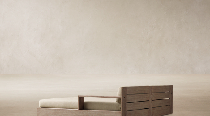 Three Quarter Back view of Marbella Teak Daybed shown in Weathered Teak With Perennials Textured Linen Weave - White