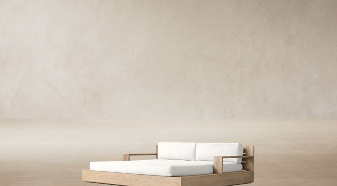 Three Quarter view of Marbella Teak Daybed shown in Weathered Teak With Perennials Textured Linen Weave - White