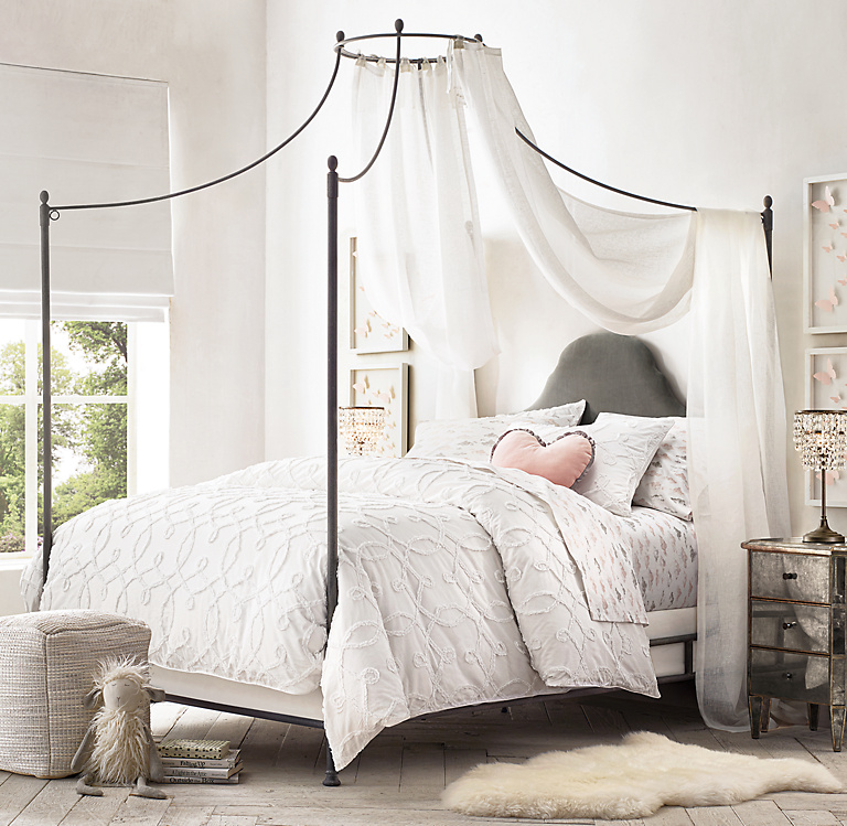Allegra Iron Canopy Bed - Fog Vintage Velvet | RH Baby & Child Allegra Iron Canopy Bed - Fog Vintage Velvet | RH Baby & Child