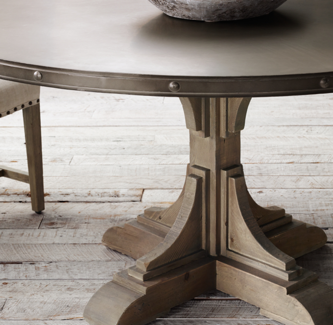 20th C. Reclaimed Pine & Zinc Trestle Round Dining Table