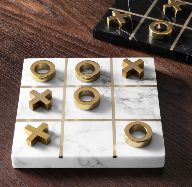 Marble Tic Tac Toe Game for Living Room Decor Centerpiece White and Gold XO with White Marble and Gold Color Stainless Steel Decorative Table Top X/