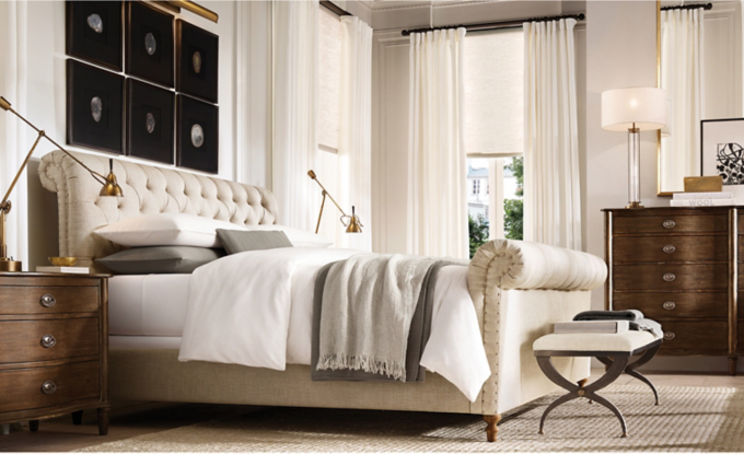 Chesterfield Fabric Sleigh Bed With Footboard RH