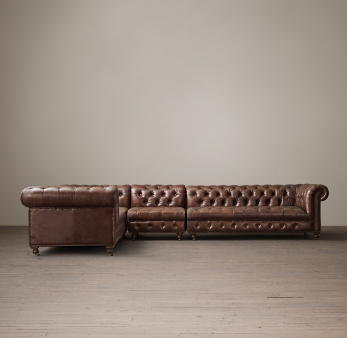 Shown in Vintage Cigar; sectional consists of 1 left-arm sofa, 1 right-arm sofa, 1 armless chair and 1 corner chair.