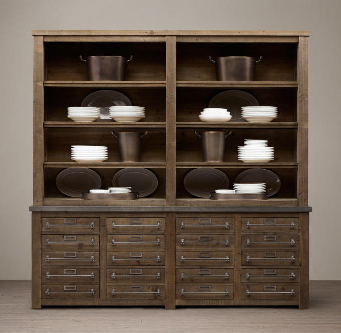 Early 20th C. ZincTop Mercantile Panel Quad Sideboard & Open Hutch