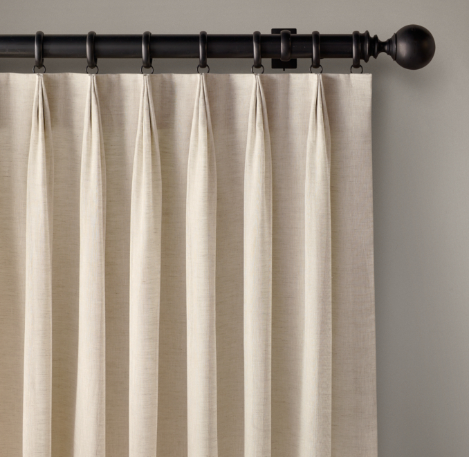 Front view of Custom Belgian Sheer Linen 3-Fold Tailored-Pleat Drapery 