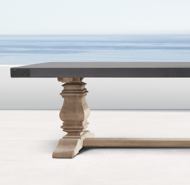 English Trestle Concrete & Teak Rectangular Dining Table