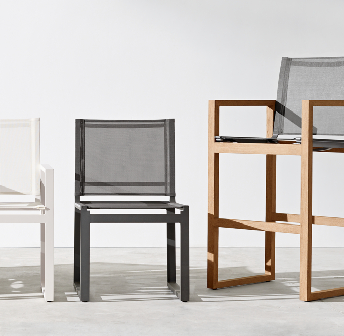 Shown (left to right) in White/White, Slate/Charcoal and Natural Teak.