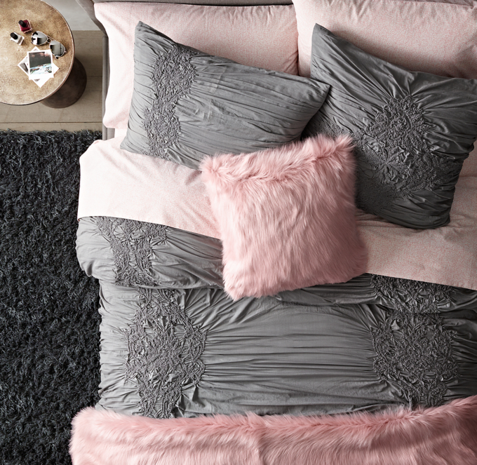 Duvet cover shown in Charcoal. Sheet set, bed throw and decorative pillow shown in Dusty Rose.