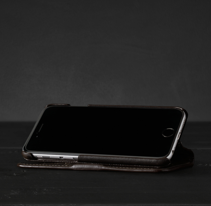 Three Quarter view of Italian Leather Easel Cover For Iphone® - Walnut 