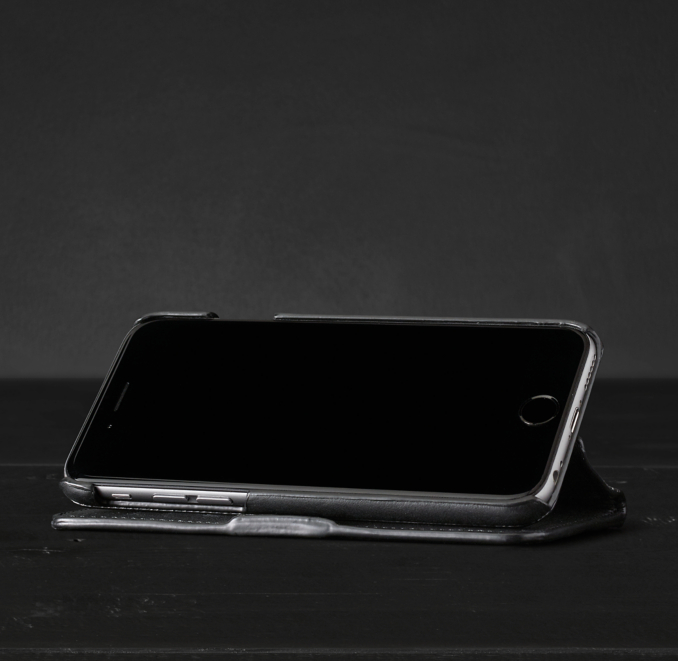 Three Quarter view of Italian Leather Easel Cover For Iphone® - Ebony 