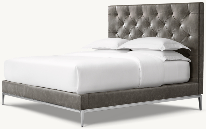 Italia Leather Diamond-Tufted Panel Platform Bed - Metal Base