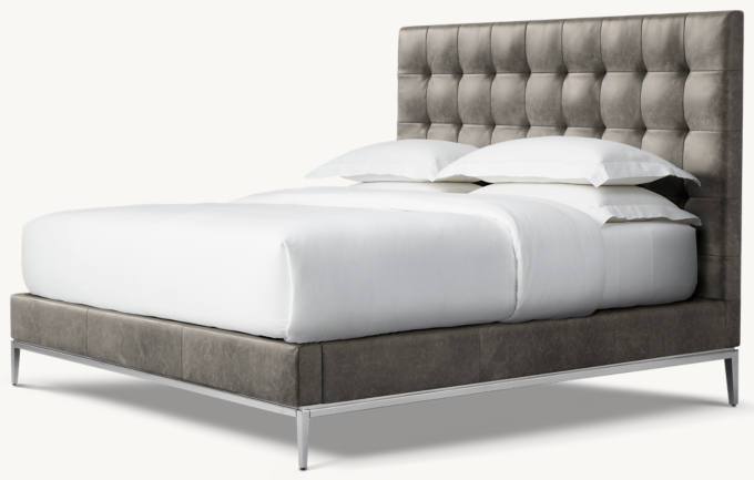Italia Leather Box-Tufted Panel Platform Bed - Metal Base