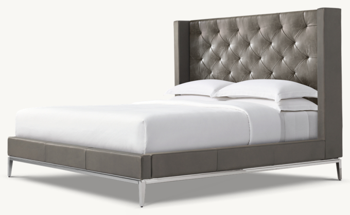 Italia Leather Diamond-Tufted Shelter Platform Bed - Metal Base