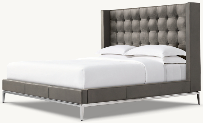 Italia Leather Box-Tufted Shelter Platform Bed - Metal Base