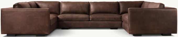 Shown in Italian Berkshire Cocoa; sectional consists of 1 left-arm return sofa, 1 armless sofa and 1 right-arm return sofa. Cushion configuration may vary by component. 