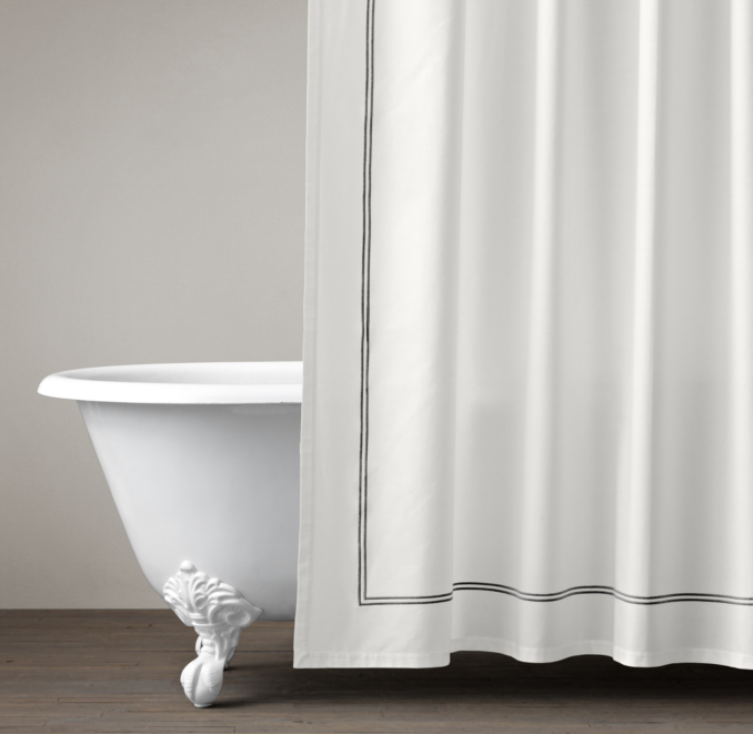 Italian White Hotel Satin Stitch Shower Curtain, Black Embroidery