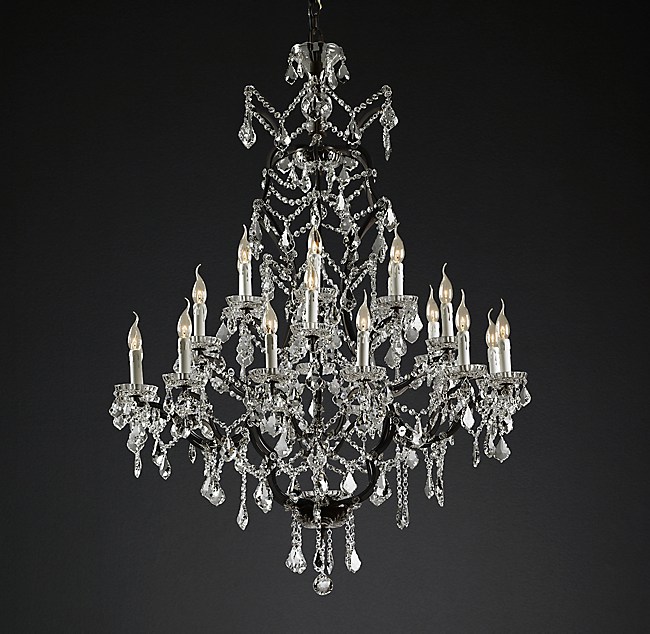 19th C Rococo Iron Crystal Round, Rustic Iron Clear Crystal Chandelier
