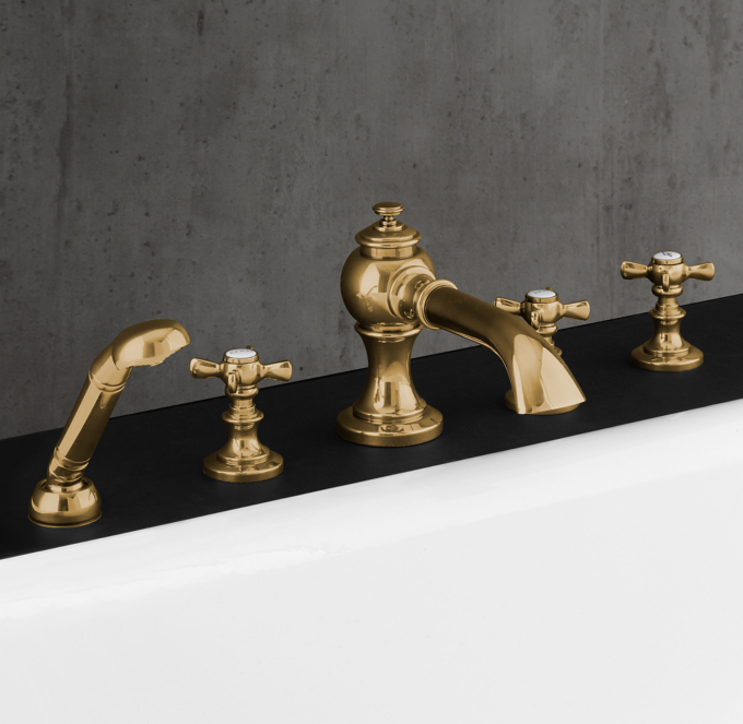 Shown in Aged Brass with Lugarno Cross-Handle Deck Mount Tub Fill (sold separately).