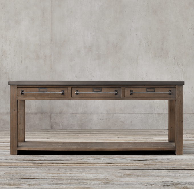 Early 20th C Zinc Top Mercantile 3 Drawer Console Table