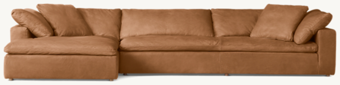 Shown in Italian Cavallino Chestnut; sectional consists of 1 left-arm chaise and 1 right-arm sofa. Cushion configuration may vary by component.