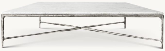 Square table shown in Italian Carrara Marble/Forged Pewter.