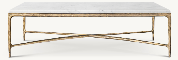 Square table shown in Italian Carrara Marble/Forged Brass.