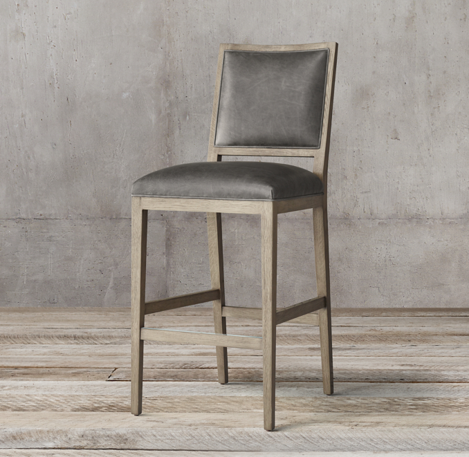 French Contemporary Square Leather Stool