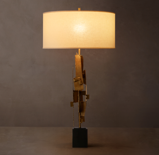Shown in Antiqued Brass with French Drum Linen Shade, size F, in White Linen and Frosted lining (sold separately).