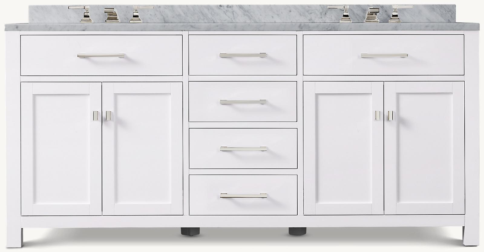 72&#34;W vanity shown in White and Polished Nickel with Italian Carrara Marble countertop. Featured with Dillon Lever-Handle 8&#34; Widespread Faucet.