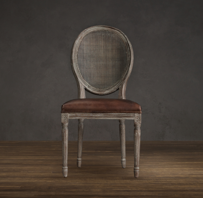 Vintage French Round Cane Back Leather Side Chair