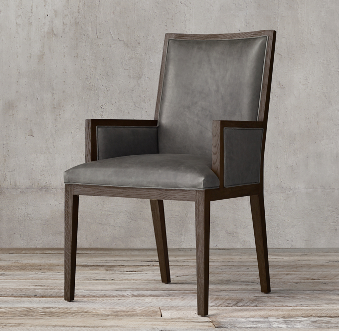 French Contemporary Square Leather Closed Dining Armchair