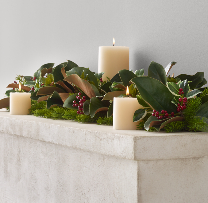 Front view of Faux Magnolia & Red Berry Garland 