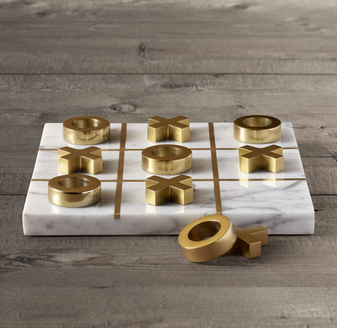 Marble Tic Tac Toe Game for Living Room Decor Centerpiece White and Gold XO with White Marble and Gold Color Stainless Steel Decorative Table Top X/