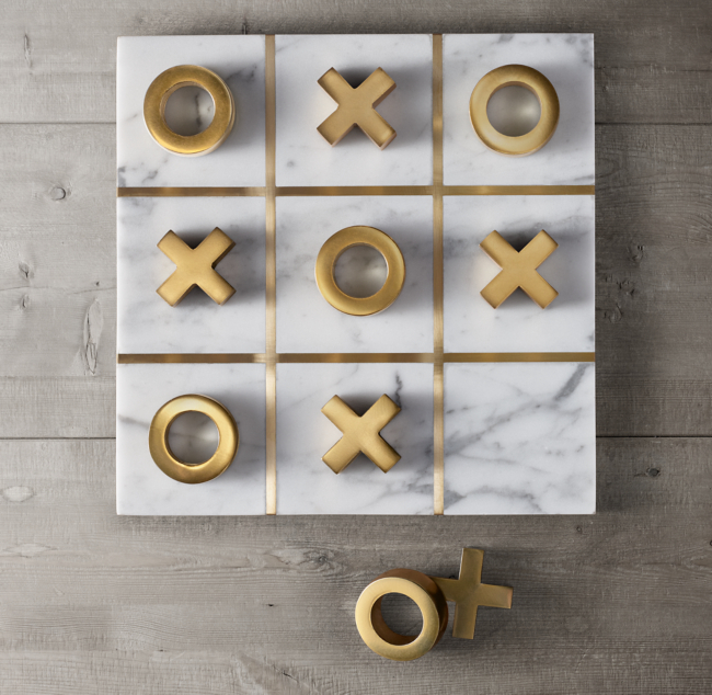 Marble Tic Tac Toe Game for Living Room Decor Centerpiece White and Gold XO with White Marble and Gold Color Stainless Steel Decorative Table Top X/