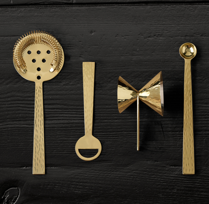 Overhead view of Hammered Brass 4-Piece Bar Tool Set 