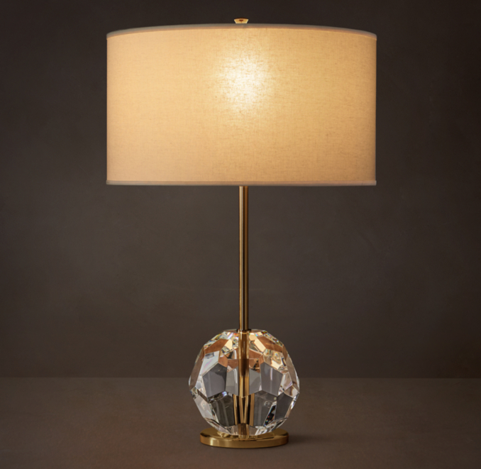 Shown in Lacquered Burnished Brass with French Drum Linen Shade, size E, in White Linen and Frosted lining (sold separately).
