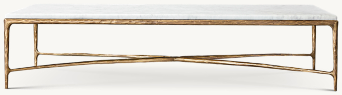 Rectangular table shown in Sandblasted Italian Carrara Marble/Forged Brass.
