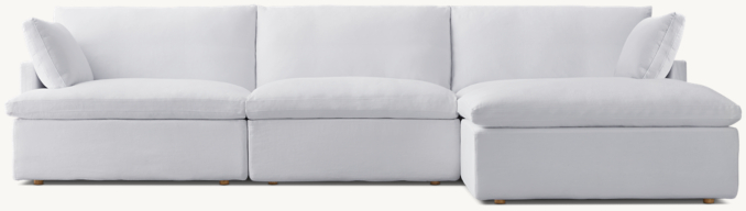 Shown in White Washed Belgian Flax Linen; sectional consists of 1 left-arm chair, 1 armless chair, 1 right-arm chair and 1 end-of-sectional ottoman. Cushion configuration may vary by component.