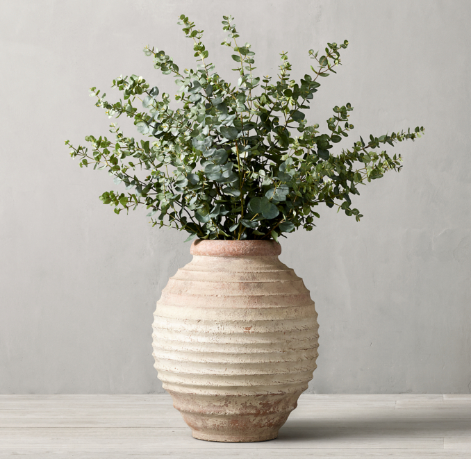 Front view of Eucalyptus Branch Arrangement & 19Th C. Terra-Cotta Olive Jar - Medium 