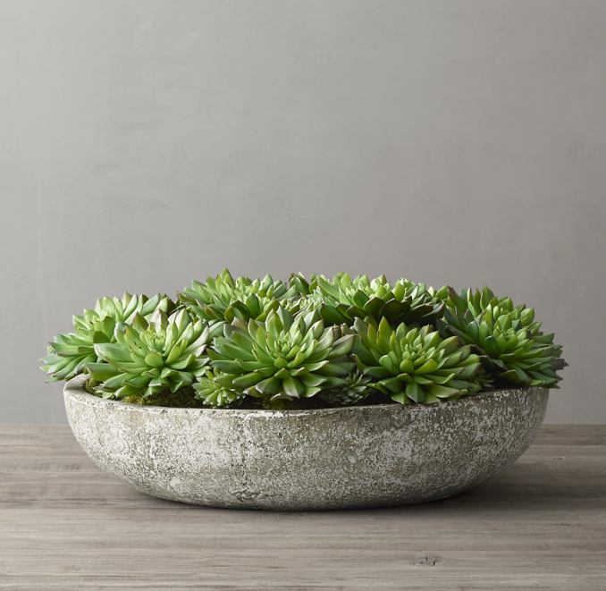 Faux Succulent Plant & Weathered Stone Round Bowl Large